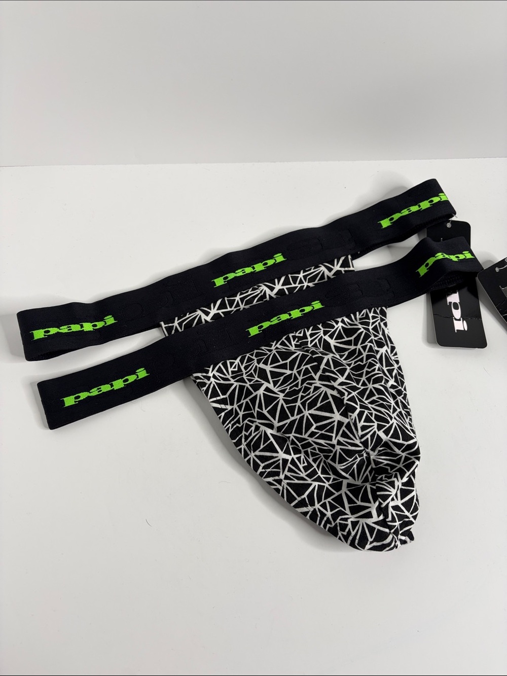 Papi Black & White Geometric Thong with Neon Green Logo (Set of 2)